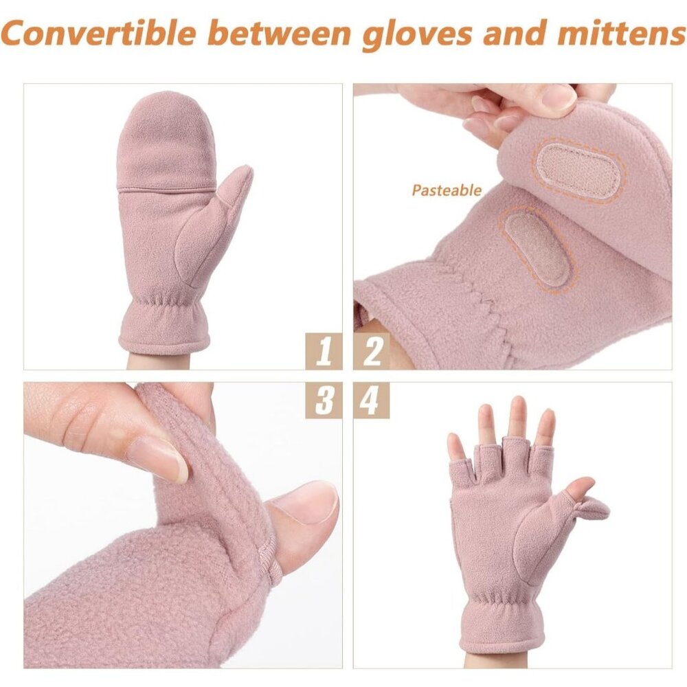 Gloves Fingerless Convertible Mitten Thermal Polar Fleece Insulated Lining Pink - Picture 2 of 6